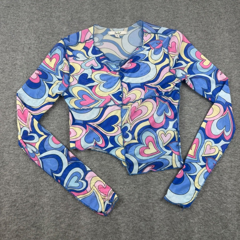 Papaya Mesh Top Women Small Blue Heart Psychedelic Y2K Lettuce Edge Long Sleeve